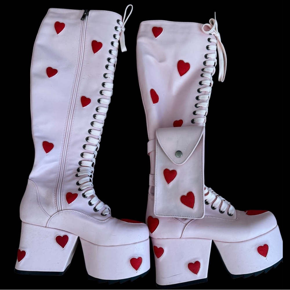 La Moda light pale pink & red heart boots with a 7-inch heel and 2-inch platform